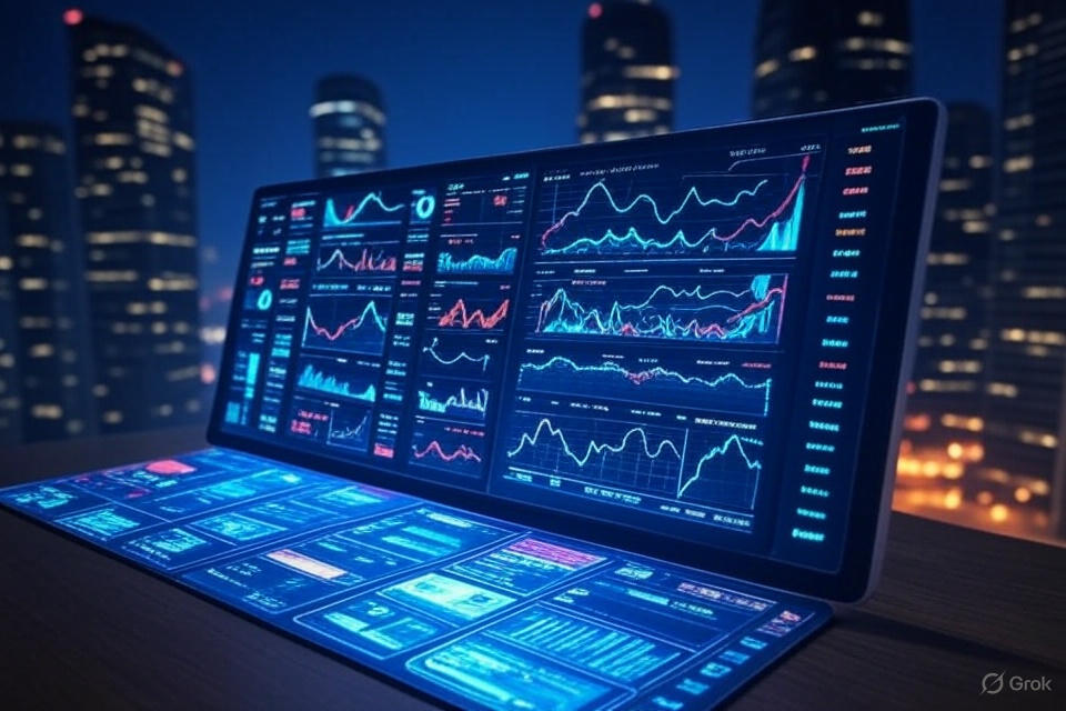 A glowing digital dashboard displays TikTok’s content moderation data, with graphs and alerts, set against a lively cityscape at night.