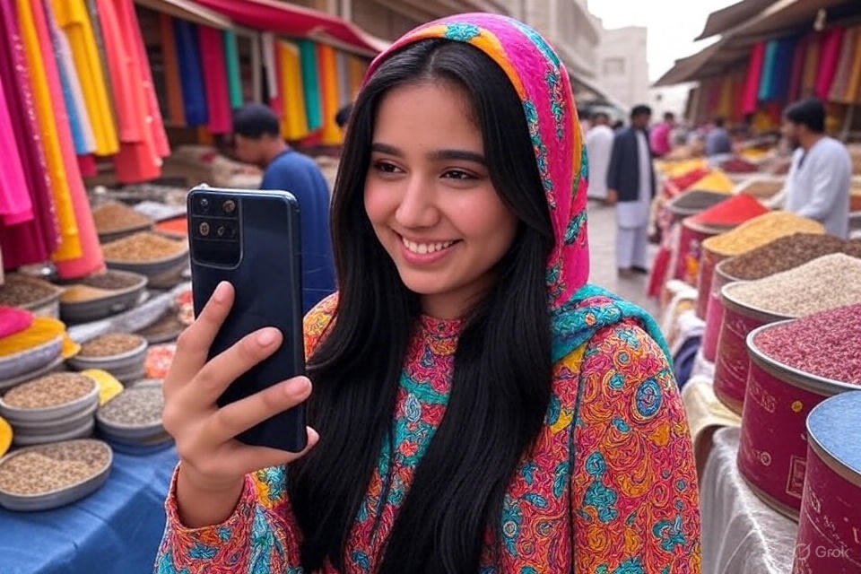 A young person films a TikTok video in a vibrant Pakistani market, surrounded by colourful stalls and fabrics, showcasing the app’s widespread use.