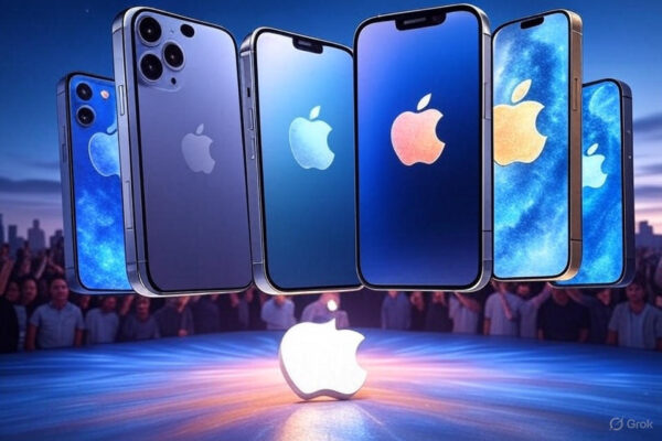 A futuristic digital artwork depicting the launch of the iPhone 17 series, with sleek 17, 17 Air, 17 Pro, and 17 Pro Max models floating above a vibrant stage featuring a glowing Apple logo. The background includes an excited crowd, a subtle sales trend graph, and a city skyline at dusk with September 2025 details, using silver, blue, and gold colors with dynamic lighting to emphasize the phones’ slim bezels and Dynamic Island displays