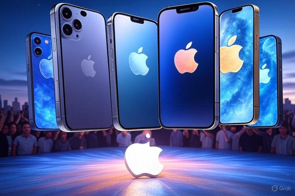 A futuristic digital artwork depicting the launch of the iPhone 17 series, with sleek 17, 17 Air, 17 Pro, and 17 Pro Max models floating above a vibrant stage featuring a glowing Apple logo. The background includes an excited crowd, a subtle sales trend graph, and a city skyline at dusk with September 2025 details, using silver, blue, and gold colors with dynamic lighting to emphasize the phones’ slim bezels and Dynamic Island displays