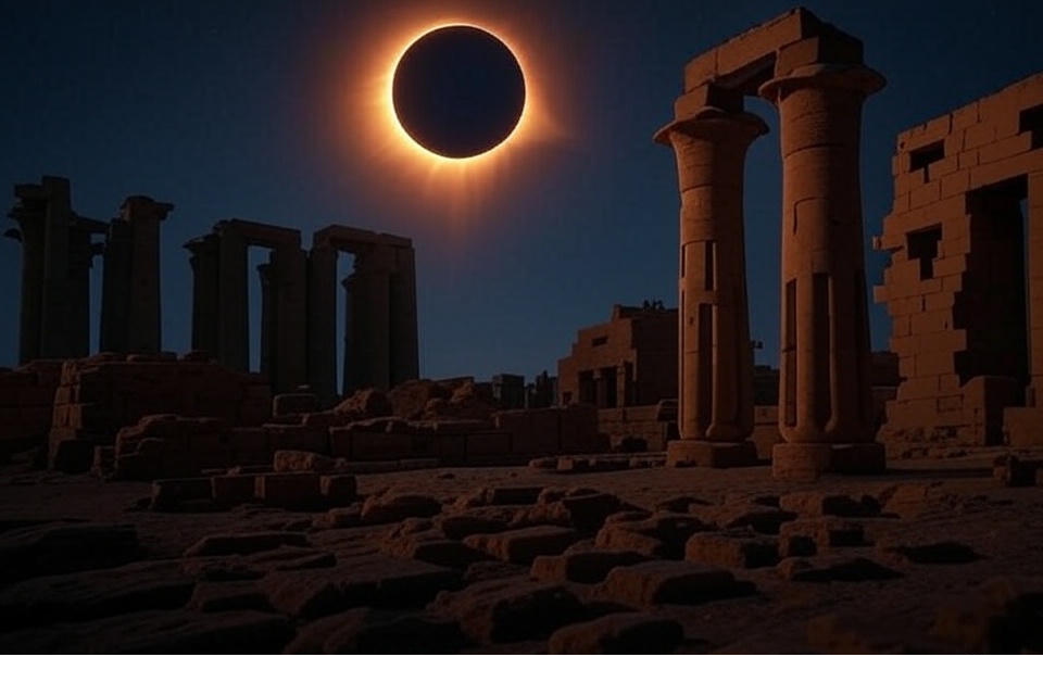A total solar eclipse darkens the sky, revealing the Sun’s glowing corona above ancient ruins in Luxor, Egypt.