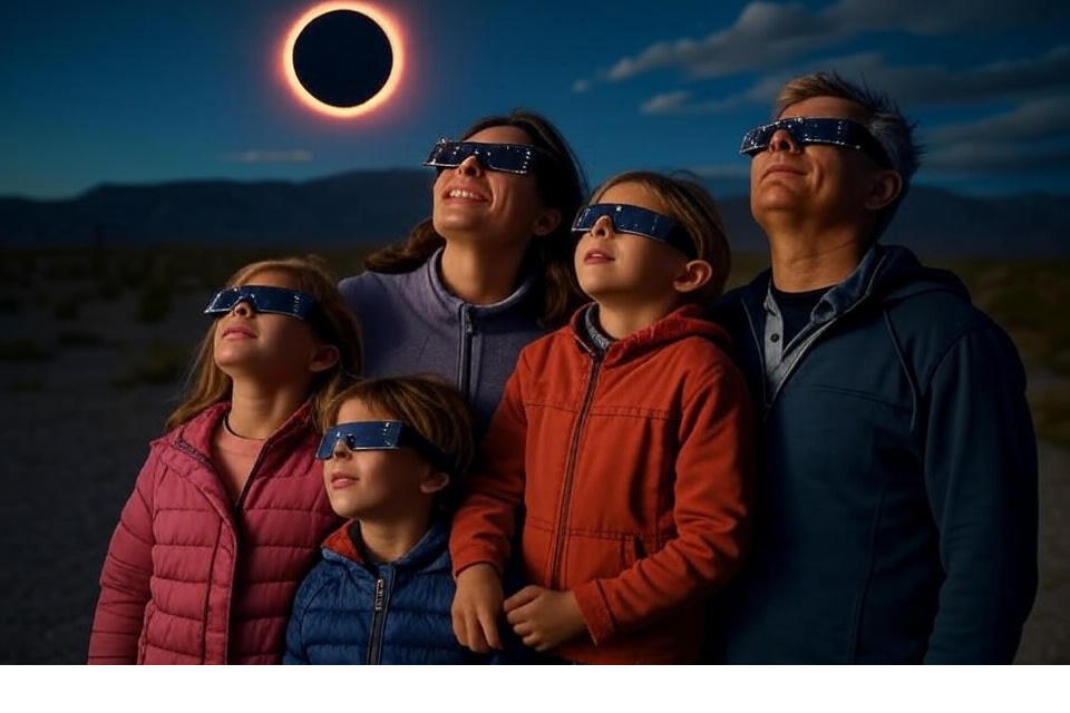 A family in a desert, wearing eclipse safety glasses, gazes in wonder at the total solar eclipse darkening the sky.