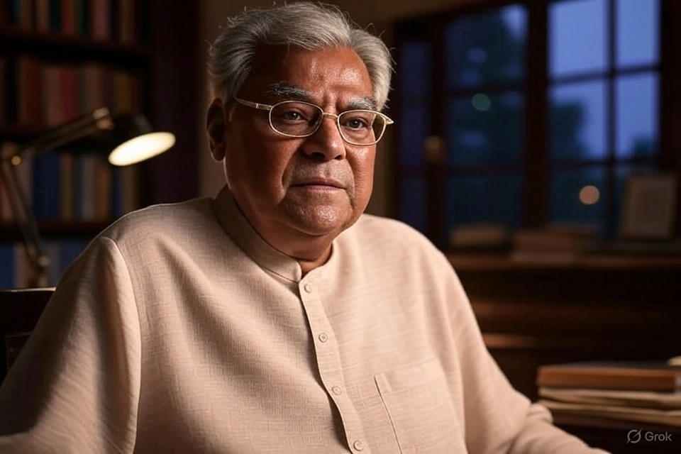 Kota Srinivasa Rao sitting in a cozy room, wearing a light-colored traditional shirt, with a warm lamp illuminating the scene, bookshelves and a window in the background,