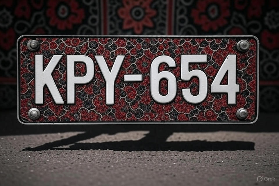 A vehicle number plate with the traditional Sindhi Ajrak pattern, showcasing intricate red, black, and white geometric designs. The plate features clear, bold alphanumeric characters in a standard font, with a subtle Sindhi cultural motif in the background, symbolizing the blend of heritage and functionality.